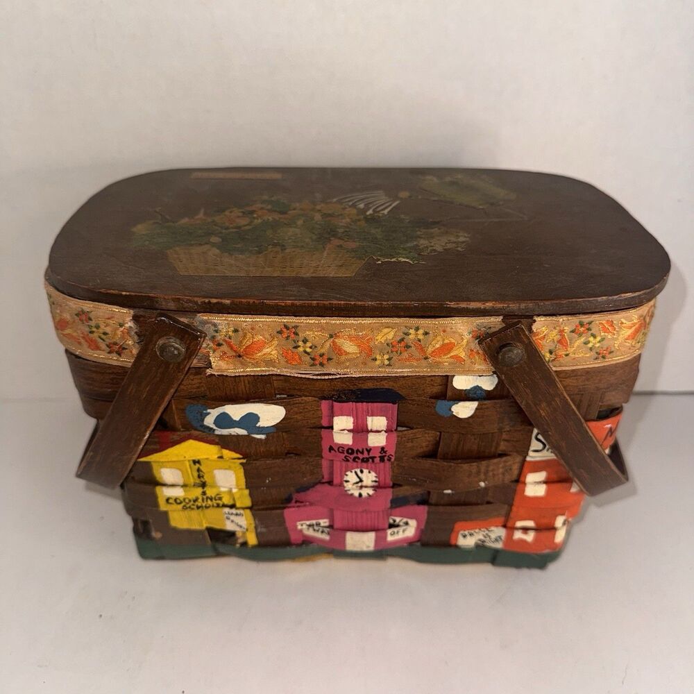 Vintage 50s 60s Folk Art Painted Basket Clemson Tigers Street Scene Mary Rhyme